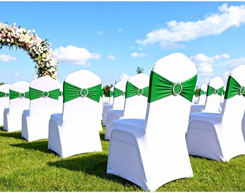 JFDYDM 50 Pack Emerald Green Chair Sashes, Spandex Green Chair Bands Chair Bows Ties with Buckle Slider for Christmas Party Birthday Event Decorations - Image 3